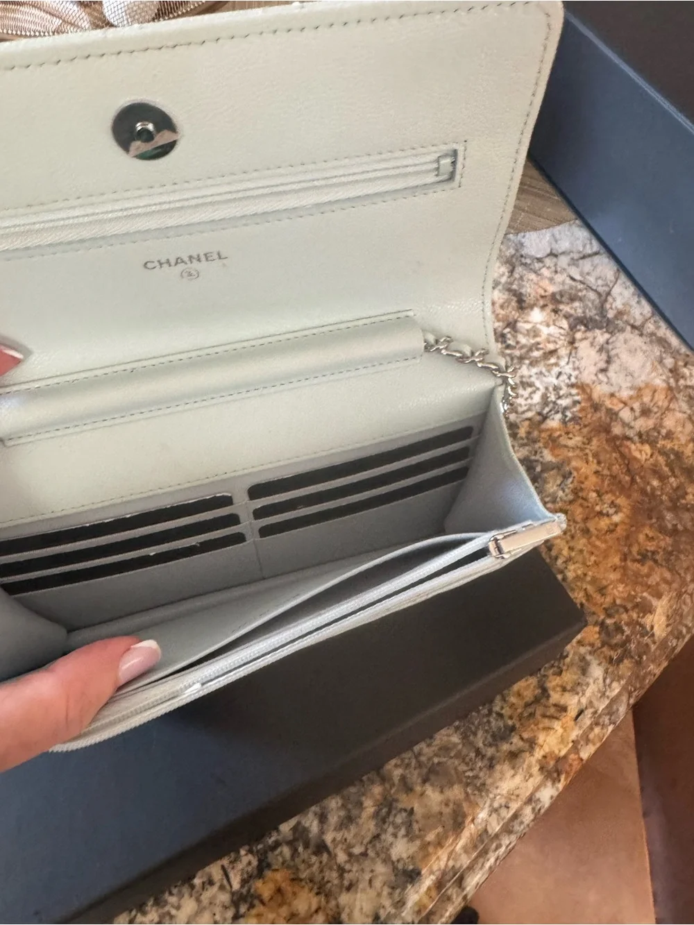Chanel Quilted Leather Chain Wallet - Pale blue silver hardwear